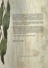 A selection of pages taken from a book produced by the Marcartan Club of their memories of two trips some of their members made to Marysville. The trips were made in 2004 and 2005. The book was produced as a tribute to Marysville after the 2009 Black Saturday bushfires destroyed the majority of the town.