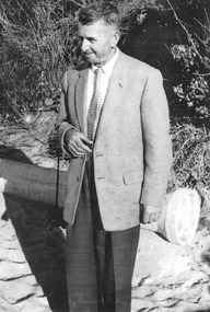 A copy of a black and white photograph of Eric Dowdle. Eric was responsible for building and developing the Mary Chain of Guesthouses in Marysville, Sherbrooke and Mount Martha in the depression years.