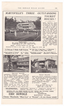 An advertisement for three of the Mary Chain Guesthouses in Marysville. The guesthouses were built in the depression years by Eric Dowdle and the advertisement was taken from The Herald Road Guide.