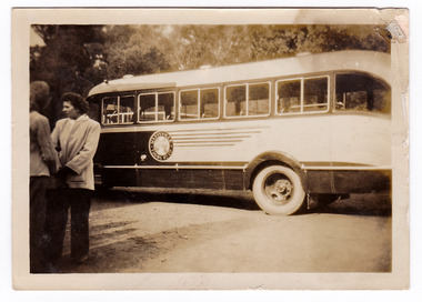 A black and white photograph of the Mary Chain tourist bus. The Mary Chain Guesthouses were built in the depression years by Eric Dowdle.