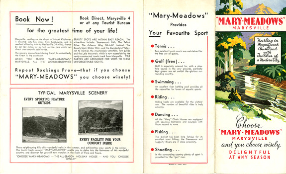 An accommodation brochure regarding Mary Meadows Guest House in Marysville. Mary-Meadows was part of the Mary Chain of guest houses built by Eric Dowdle and was locally known as The Golf House. It later became El Kanah.