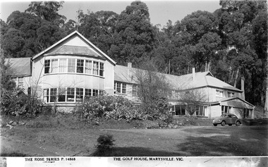 A digital copy of a black and white postcard of The Golf House in Marysville that was produced by the Rose Stereograph Company as a souvenir of Marysville. The Golf House was originally known as Mary-Meadows and was part of the Mary Chain of guest houses built by Eric Dowdle. The Golf House then became El Kanah guest house.