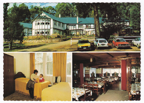 A colour postcard of El Kanah guest house in Marysville. El Kanah was originally known as Mary-Meadows and was part of the Mary Chain of guest houses built by Eric Dowdle. The postcard was produced by scancolor Australia as a souvenir of Marysville. On the reverse of the postcard is a space to write a message and an address and to place a postage stamp. The postcard is unused.