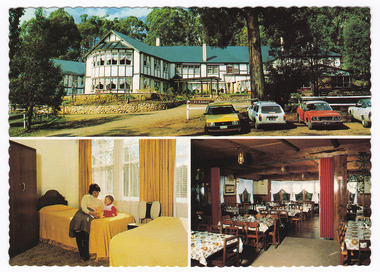A colour postcard of El Kanah guest house in Marysville. El Kanah was originally known as Mary-Meadows and was part of the Mary Chain of guest houses built by Eric Dowdle. The postcard was produced by scancolor Australia as a souvenir of Marysville. On the reverse of the postcard is a space to write a message and an address and to place a postage stamp. The postcard is unused.