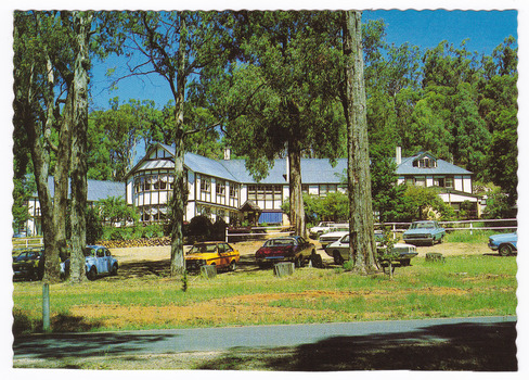 A colour photograph from El Kanah guest house in Marysville. El Kanah was originally known as Mary-Meadows and was part of the Mary Chain of guest houses built by Eric Dowdle. The postcard was produced by Nu-color-vue as a souvenir of Marysville.