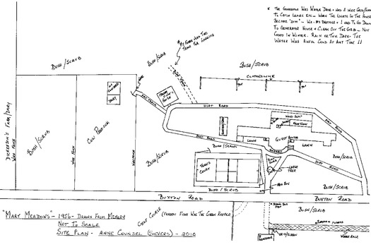 A hand-drawn map of Mary-Meadows guest house drawn by Anne Counsel (Sievers) from her memories of the guest house. Alec, Rene, Robert and Anne Sievers came to Mary-Meadows in 1951 and were the caretakers of Mary-Meadows until their departure to Tasmania in October 1956. The map was of Mary-Meadows in 1956 and was drawn in 2010. Mary-Meadows and was part of the Mary Chain of guest houses built by Eric Dowdle in Marysville. 