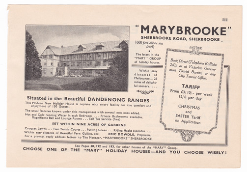 An advertisement for Marybrooke guest house in Sherbrooke which was taken from a Broadbent's accommodation guide. Marybrooke was a part of the Mary Chain of guest houses that were built in the Depression years by Eric Dowdle.