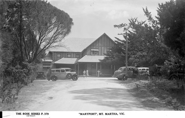 A digital copy of a black and white postcard from Maryport guest house in Mount Martha. Maryport was a part of the Mary Chain of guest houses built by Eric Dowdle in the Depression years. The postcard was produced by the Rose Stereograph Company as a souvenir of Mount Martha.