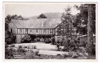 A black and white postcard from Mary-Lyn Guest House in Marysville. Mary-Lyn was a part of the Mary Chain of guest houses built by Eric Dowdle in the Depression years. The postcard was produced by Valentine Publishing Co. Pty. Ltd. as a souvenir of Marysville. On the reverse is a hand-written message.