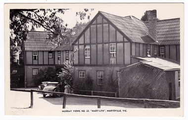 A black and white postcard from Mary-Lyn Guest House in Marysville. Mary-Lyn was a part of the Mary Chain of guest houses built by Eric Dowdle in the Depression years. The postcard was produced by Murray Views as a souvenir of Marysville. On the reverse is a handwritten message.