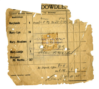 A receipt for payment for accommodation at Mary-Lyn Guest House in Marysville. Mary-Lyn a part of the Mary Chain of guest houses built by Eric Dowdle in the Depression years. The receipt was made out to Ern and Jessie Jones who holidayed at Mary-Lyn for a week from 21st August through to 28th August 1939.