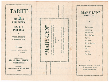 A brochure outlining the accommodation and facilities available at Mary-Lyn Guest House in Marysville. Mary-Lyn was a part of the Mary Chain of guest houses built by Eric Dowdle in the Depression years.