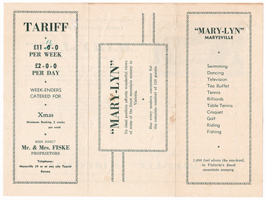 A brochure outlining the accommodation and facilities available at Mary-Lyn Guest House in Marysville. Mary-Lyn was a part of the Mary Chain of guest houses built by Eric Dowdle in the Depression years.