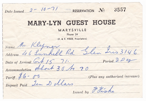 A receipt for a deposit paid for accommodation at Mary-Lyn Guest House in Marysville. Mary-Lyn was a part of the Mary Chain of guest houses built by Eric Dowdle in the Depression years. The receipt was issued on October 2nd 1971.