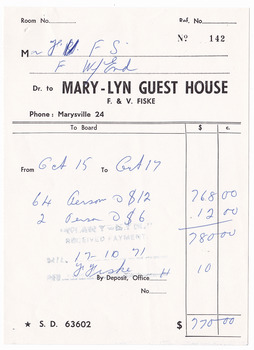 An invoice for payment of accommodation at Mary-Lyn Guest House in Marysville. Mary-Lyn was a part of the Mary Chain of guest houses built by Eric Dowdle in the Depression years. The invoice was dated October 17th 1971.