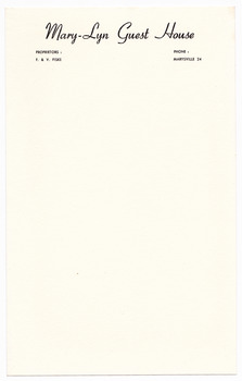 Six sheets of blank note paper from Mary-Lyn Guest House in Marysville. Mary-Lyn was a part of the Mary Chain of guest houses built by Eric Dowdle in the Depression years.