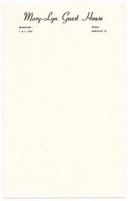 Six sheets of blank note paper from Mary-Lyn Guest House in Marysville. Mary-Lyn was a part of the Mary Chain of guest houses built by Eric Dowdle in the Depression years.