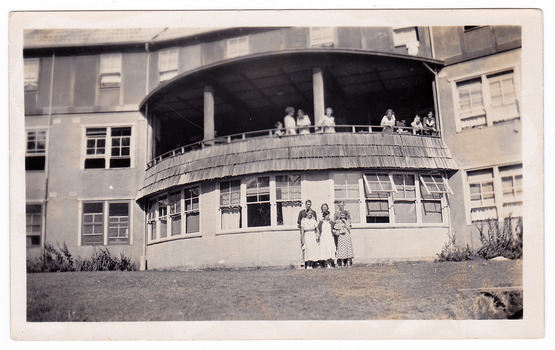 A black and white photograph taken at Mary-Lyn Guest House in Marysville. Mary-Lyn was part of the Mary Chain of guest houses built by Eric Dowdle in the Depression years.
