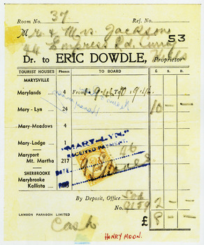 Digital copies of three receipts for payment for accommodation at Mary-Lyn Guest House in Marysville. Mary-Lyn was a part of the Mary Chain of guest houses built by Eric Dowdle in the Depression years. Ron and Mavis Jackson first stayed at Mary-Lyn in 1946 for their honeymoon. They then returned for both their 25th and 50th wedding anniversaries in 1971 and 1996.