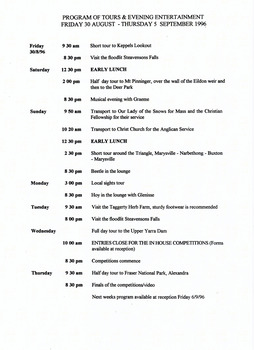 A digital copy of a program of tours and evening entertainments offered at Mary-Lyn Guest House in Marysville. Mary-Lyn was a part of the Mary Chain of guest houses built by Eric Dowdle in the Depression years. The program is from the August 30th to September 9th 1996 during which Ron and Mavis Jackson were celebrating their 50th wedding anniversary.