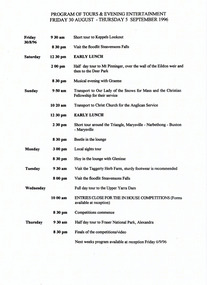 A digital copy of a program of tours and evening entertainments offered at Mary-Lyn Guest House in Marysville. Mary-Lyn was a part of the Mary Chain of guest houses built by Eric Dowdle in the Depression years. The program is from the August 30th to September 9th 1996 during which Ron and Mavis Jackson were celebrating their 50th wedding anniversary.