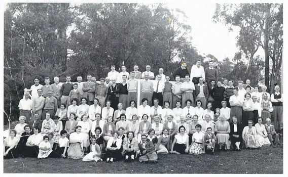 A copy of a black and white photograph taken at Mary-Lyn Guest House in Marysville. Mary-Lyn was a part of the Mary Chain of guest houses built by Eric Dowdle in the Depression years. The photograph was taken in 1950 and is of the staff and guests staying at Mary-Lyn at the time.