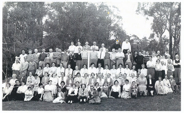A copy of a black and white photograph taken at Mary-Lyn Guest House in Marysville. Mary-Lyn was a part of the Mary Chain of guest houses built by Eric Dowdle in the Depression years. The photograph was taken in 1950 and is of the staff and guests staying at Mary-Lyn at the time.