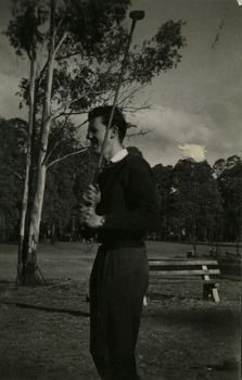 A black and white photograph of a guest who was staying at Mary-Lyn Guest House in Marysville. Mary-Lyn was a part of the Mary Chain of guest houses built by Eric Dowdle in the Depression years. The photograph is of a man playing golf.