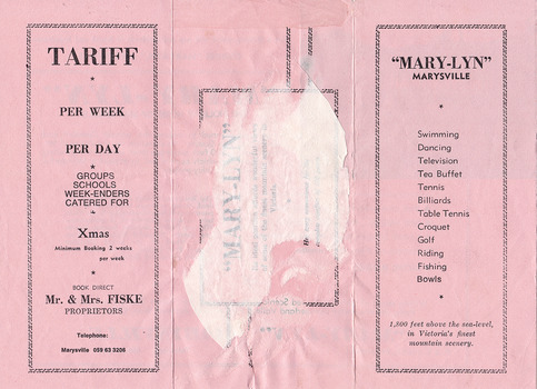 An accommodation brochure regarding the accommodation and facilities available to guests staying at Mary-Lyn Guest House in Marysville. Mary-Lyn was a part of the Mary Chain of guest houses built by Eric Dowdle in the Depression years.