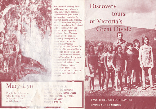 A brochure outlining the accommodation and facilities available to guests staying at Mary-Lyn Guest House in Marysville. Mary-Lyn was a part of the Mary Chain of guest houses built by Eric Dowdle during the Depression years.