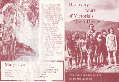 A brochure outlining the accommodation and facilities available to guests staying at Mary-Lyn Guest House in Marysville. Mary-Lyn was a part of the Mary Chain of guest houses built by Eric Dowdle during the Depression years.