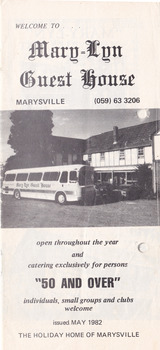 A brochure outlining the accommodation and facilities available to guests staying at Mary-Lyn Guest House in Marysville. Mary-Lyn was a part of the Mary Chain of guest houses built by Eric Dowdle during the Depression years. During the 1980s Mary-Lyn Guest House became a '50 & Over' Holiday Resort run by Malcolm and Jeni Reed.