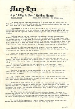 A document outlining the weekly program at Mary-Lyn Guest House in Marysville. Mary-Lyn was a part of the Mary Chain of guest houses built by Eric Dowdle during the Depression years. During the 1980s Mary-Lyn Guest House became a '50 & Over' Holiday Resort run by Malcolm and Jeni Reed. This weekly program dates from 26th September through to 3rd October 1986.