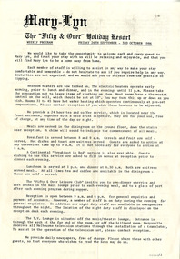 A document outlining the weekly program at Mary-Lyn Guest House in Marysville. Mary-Lyn was a part of the Mary Chain of guest houses built by Eric Dowdle during the Depression years. During the 1980s Mary-Lyn Guest House became a '50 & Over' Holiday Resort run by Malcolm and Jeni Reed. This weekly program dates from 26th September through to 3rd October 1986.