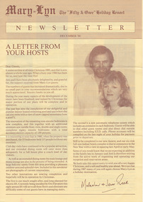 A newsletter from Mary-Lyn Guest House in Marysville. Mary-Lyn was a part of the Mary Chain of guest houses built by Eric Dowdle during the Depression years. During the 1980s Mary-Lyn Guest House became a '50 & Over' Holiday Resort run by Malcolm and Jeni Reed. This newsletter dates from December 1986.