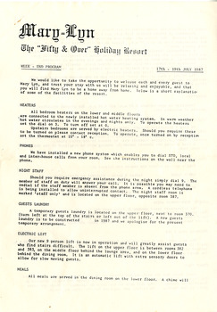 A week-end program from Mary-Lyn Guest House in Marysville. Mary-Lyn was a part of the Mary Chain of guest houses built by Eric Dowdle during the Depression years. During the 1980s Mary-Lyn Guest House became a '50 & Over' Holiday Resort run by Malcolm and Jeni Reed. This program is dated 17th to 19th July 1987.