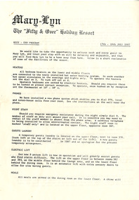 A week-end program from Mary-Lyn Guest House in Marysville. Mary-Lyn was a part of the Mary Chain of guest houses built by Eric Dowdle during the Depression years. During the 1980s Mary-Lyn Guest House became a '50 & Over' Holiday Resort run by Malcolm and Jeni Reed. This program is dated 17th to 19th July 1987.