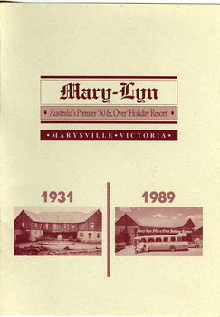 An information booklet outlining the history of Mary-Lyn Guest House in Marysville. Mary-Lyn was a part of the Mary Chain of guest houses built by Eric Dowdle during the Depression years. During the 1980s Mary-Lyn Guest House became a '50 & Over' Holiday Resort run by Malcolm and Jeni Reed. This booklet was produced in February 1989 to commemorate the official opening of the redevelopment of Mary-Lyn Guest House.