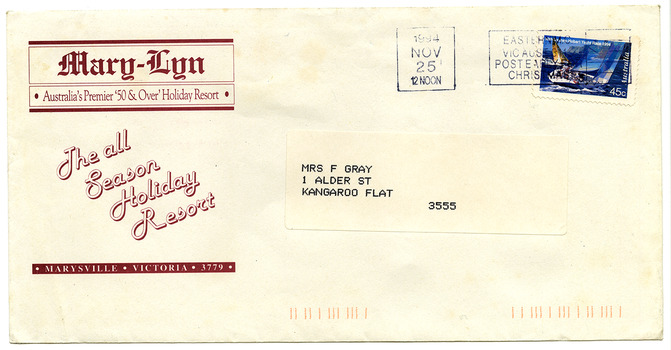 An envelope that was sent from Mary-Lyn Guest House in Marysville. Mary-Lyn was a part of the Mary Chain of guest houses that was built by Eric Dowdle during the Depression years. During the 1980s Mary-Lyn Guest House became a '50 & Over' Holiday Resort. This envelope was date stamped 25th November 1994.