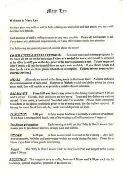 A welcome flyer for guests staying at Mary-Lyn Guest House in Marysville. Mary-Lyn was a part of the Mary Chain of guest houses built by Eric Dowdle during the Depression years. During the 1980s Mary-Lyn Guest House became a '50 & Over' Holiday Resort. This welcome flyer includes a program of available tours and evening entertainment for guests and is dated from Sunday 3rd until Friday 8th September 1995.