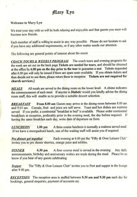 A welcome flyer for guests staying at Mary-Lyn Guest House in Marysville. Mary-Lyn was a part of the Mary Chain of guest houses built by Eric Dowdle during the Depression years. During the 1980s Mary-Lyn Guest House became a '50 & Over' Holiday Resort. This welcome flyer includes a program of available tours and evening entertainment for guests and is dated from Sunday 3rd until Friday 8th September 1995.