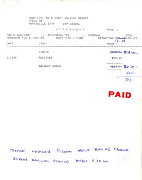 A statement of payment from a guest staying at Mary-Lyn Guest House in Marysville. Mary-Lyn was a part of the Mary Chain of guest houses built by Eric Dowdle during the Depression years. During the 1980s Mary-Lyn Guest House became a '50 & Over' Holiday Resort. This statement is for a guest staying from Tuesday 11th July until Friday 28th July 1995.