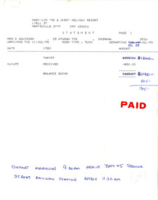 A statement of payment from a guest staying at Mary-Lyn Guest House in Marysville. Mary-Lyn was a part of the Mary Chain of guest houses built by Eric Dowdle during the Depression years. During the 1980s Mary-Lyn Guest House became a '50 & Over' Holiday Resort. This statement is for a guest staying from Tuesday 11th July until Friday 28th July 1995.