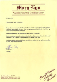 A letter and envelope from Mary-Lyn Guest House in Marysville. Mary-Lyn was a part of the Mary Chain of guest houses built by Eric Dowdle during the Depression years. The letter is dated 29 April 1998 and is a letter of reference for employment. The envelope is date stamped 30 April 1998 and was sent to Mrs R. Squires.