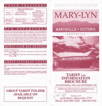 A brochure outlining information regarding the tariffs for accommodation at Mary-Lyn Guest House in Marysville. Mary-Lyn was a part of the Mary Chain of guest houses built by Eric Dowdle during the Depression years. The brochure is valid for the dates of 25th September 1998 to 24th September 1999.