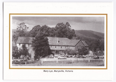A greeting card with a photograph of Mary-Lyn Guest House in Marysville. Mary-Lyn was a part of the Mary Chain of guest houses built by Eric Dowdle during the Depression years. The greeting card was produced by the Rose Stereograph Company as a souvenir of Marysville. The greeting card is unused.