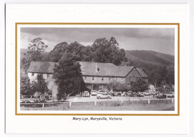A greeting card with a photograph of Mary-Lyn Guest House in Marysville. Mary-Lyn was a part of the Mary Chain of guest houses built by Eric Dowdle during the Depression years. The greeting card was produced by the Rose Stereograph Company as a souvenir of Marysville. The greeting card is unused.