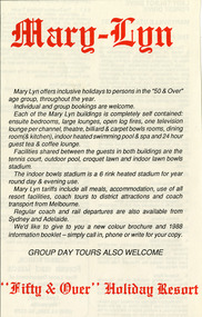 An information flyer outlining the accommodation and facilities available for guests at Mary-Lyn Guest House in Marysville. Mary-Lyn was a part of the Mary Chain of guest houses built by Eric Dowdle during the Depression years.