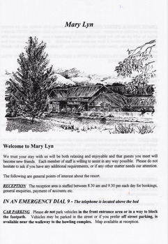 An information pack regarding the accommodation and facilities available at Mary Lyn Guest House in Marysville. Mary Lyn was a part of the Mary Chain of guest houses built by Eric Dowdle during the Depression years.
