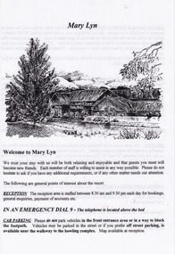 An information pack regarding the accommodation and facilities available at Mary Lyn Guest House in Marysville. Mary Lyn was a part of the Mary Chain of guest houses built by Eric Dowdle during the Depression years.